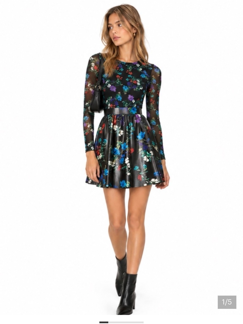 Alice + Olivia Black Floral Long-Sleeve Fit-and-Flare Mini Dress